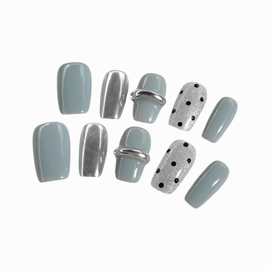 sleek gray, metallic silver press on nails